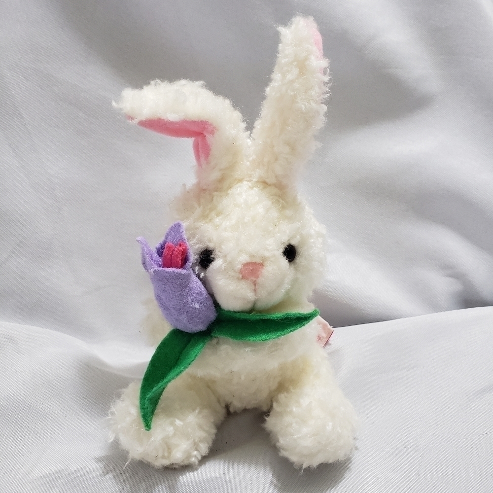 Russ Petal Pals White Bunny Rabbit Plush 5" Stuffed Animal Purple Felt Flower